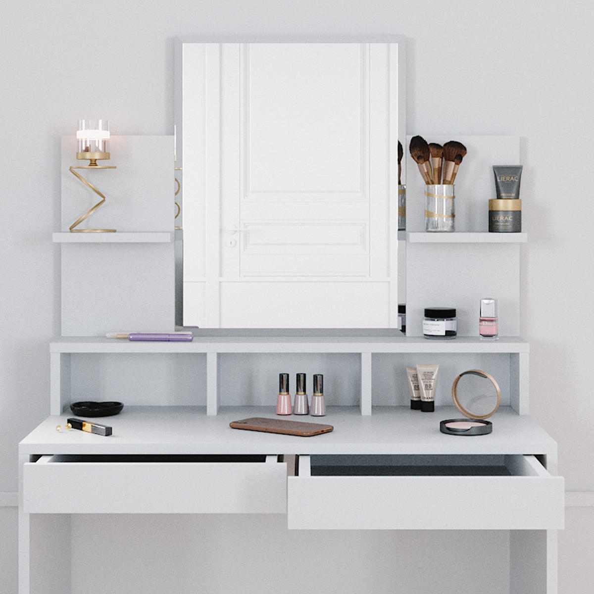 SCHMINKTISCH Ania Weiß 80 cm mit Hocker - Weiß, Holzwerkstoff (80/139.6/40cm) - Vicco