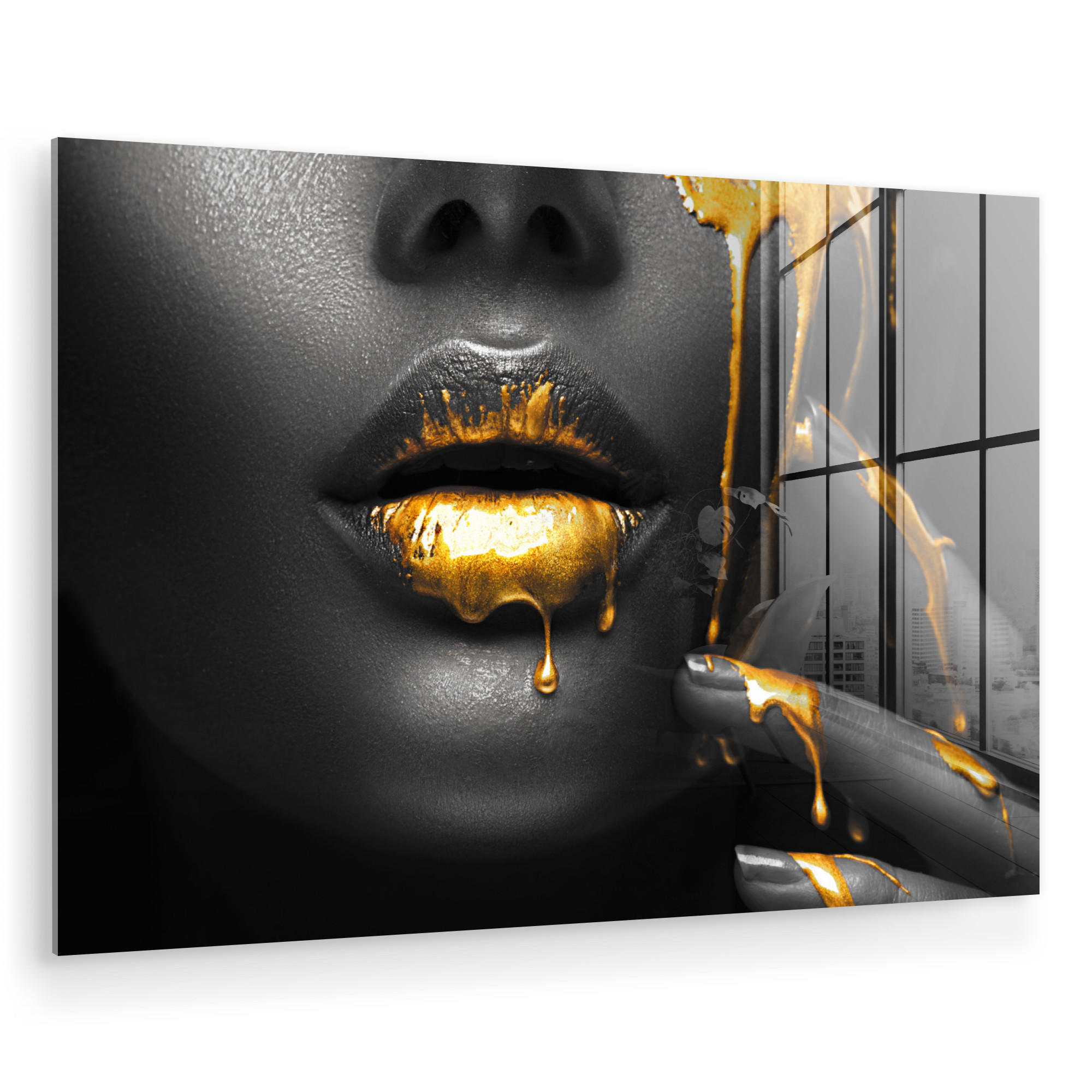 ACRYLGLASBILD Frau - Schwarz - Gold - Gesicht - Lippen 90x60 cm - Goldfarben, Glas (90/60cm) - MuchoWow