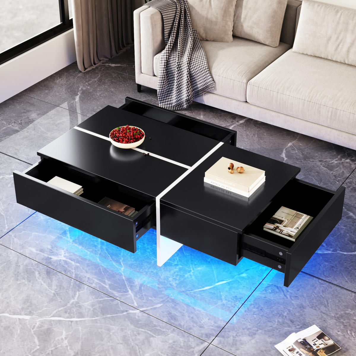 COUCHTISCH Schwarz Hochglanz mit LED, Stauraum und Schubladen - Schwarz, Metall (100/50/34cm)