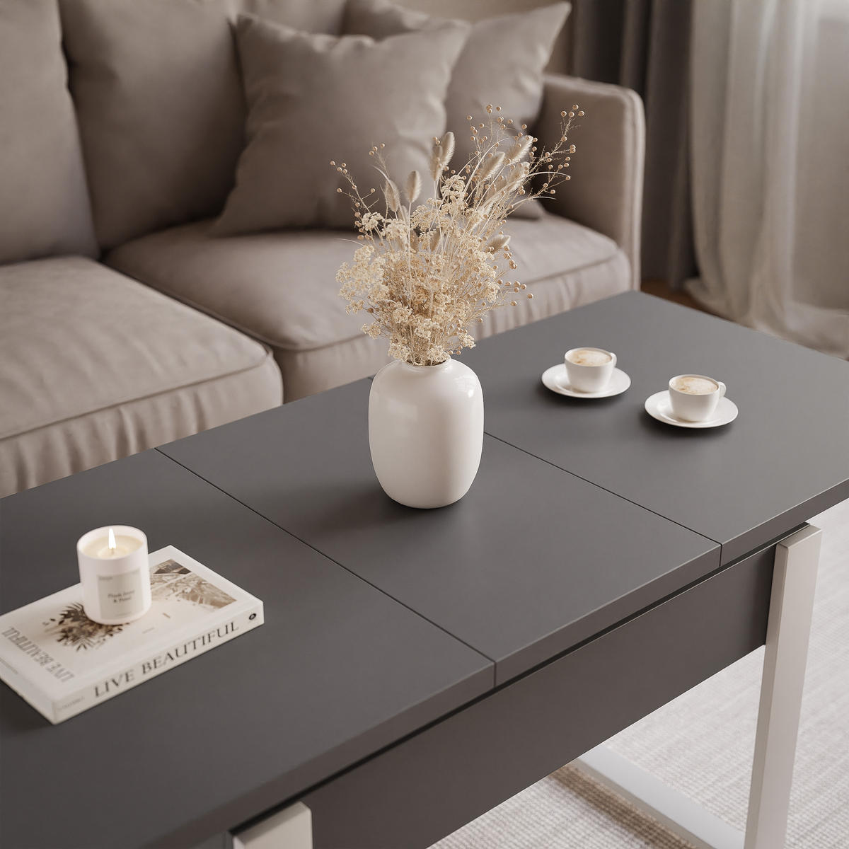 COUCHTISCH TIVOR Multifunktionalität 3-in-1 - Kaschmir/Dunkelgrau, Holzwerkstoff/Metall (67/120/63.5cm) - Idohome