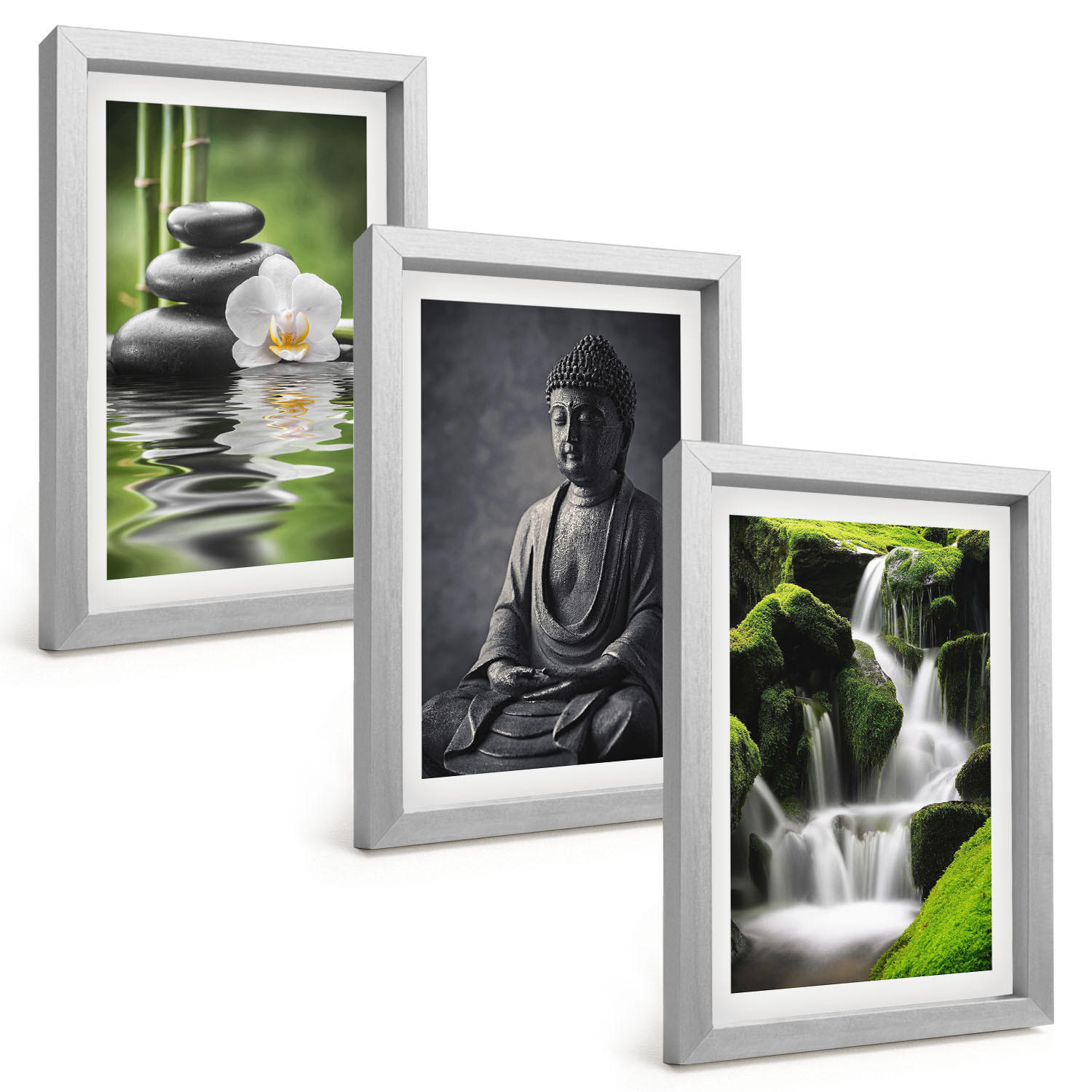 BILDER SET 3er Set - 20x30 cm Silberner Rahmen - Entspannende Zen-Wassermalerei - Silberfarben, Kunststoff (20/30cm) - TULUP