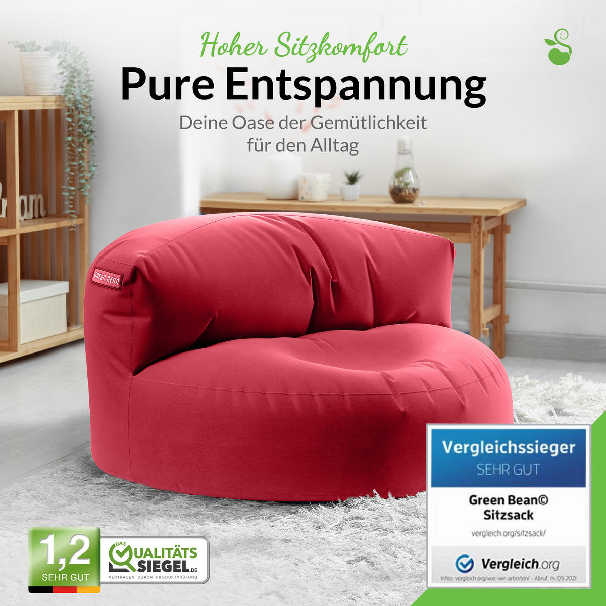 INDOOR OUTDOOR SITZSACK Lounge Sofa - Rot, Textil (90/50/50cm) - Green Bean