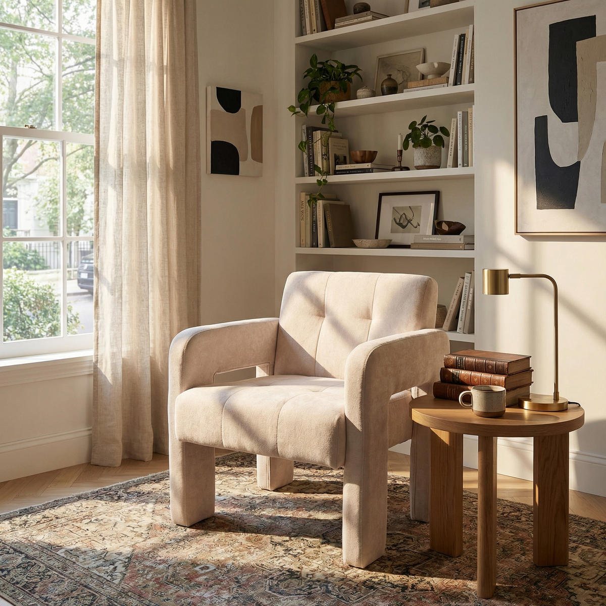 SESSEL Nordic Style aus Chenille mit ergonomischen Armlehnen - Beige, Textil (67/74/69cm) - Urban Meuble