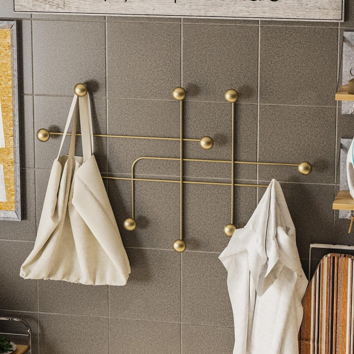 WANDGARDEROBE mit 9 Haken aus goldfarbenem Metall 107/10/64 cm - Goldfarben, Metall (10/64/10cm) - Calicosy