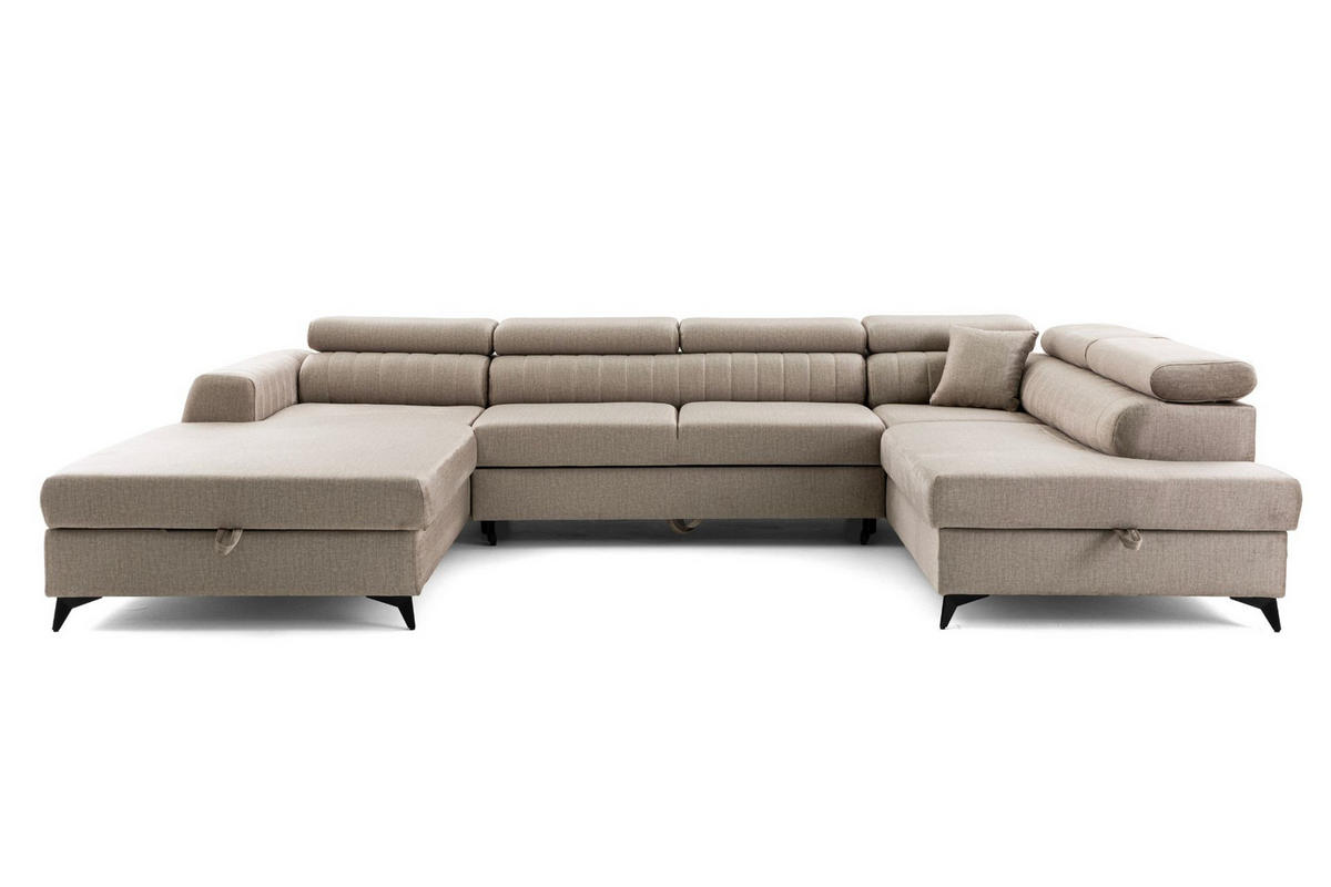 ECKSOFA U-Form PIERO U Rechts mit Schlaffunktion 125x260 Velours Beige - Beige/Schwarz, Holz/Textil (203/90/350cm) - Muffo
