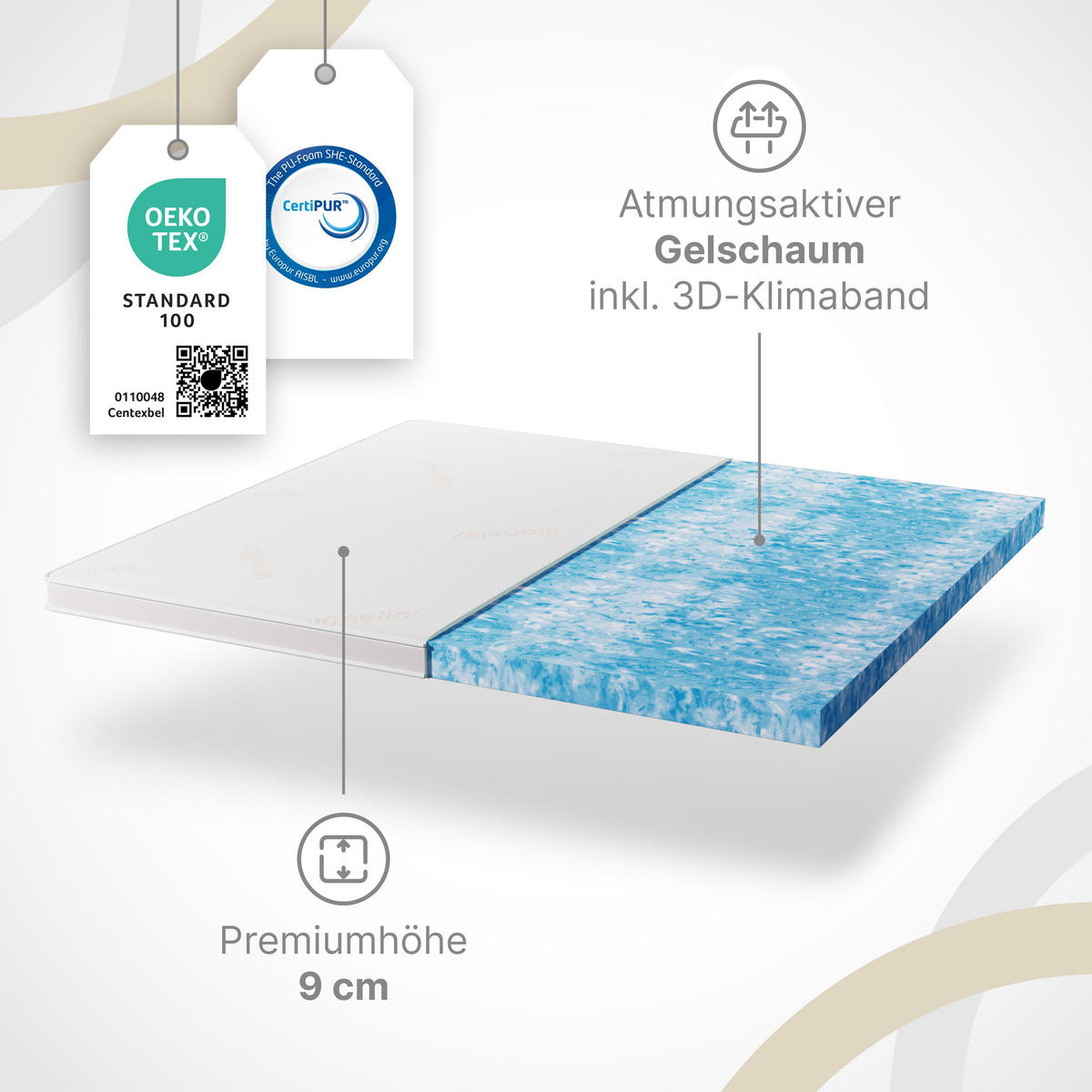 TOPPER GEL 120/200 cm PremiumPLUS ca. 9 cm - Weiß, Textil (120/200cm) - wonello