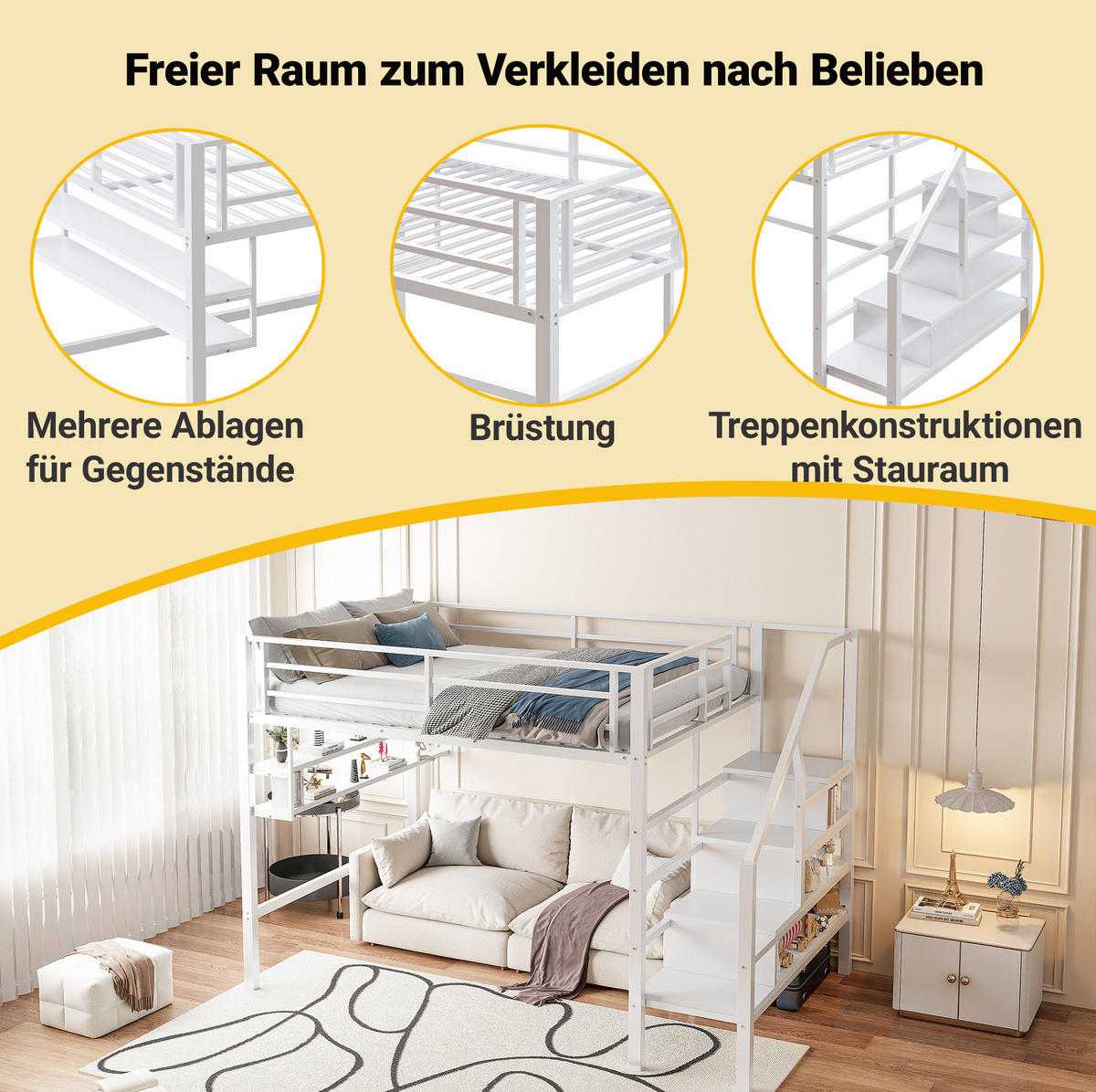 HOCHBETT 140/200 cm Weiß aus Metall mit Stauraumleiter - Weiß, Metall (140/200cm) - OKMYHOME