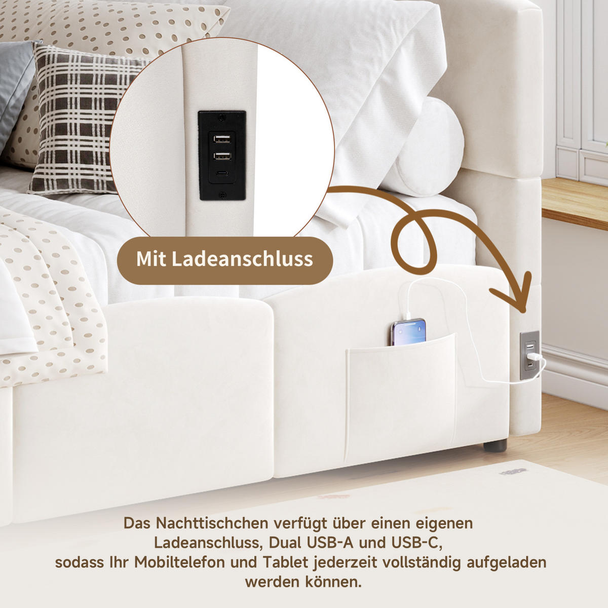 POLSTERBETT 90/200 cm mit hydraulischem Stauraum, USB-A/USB-C und Seitentaschen, Samt, Beige - Beige, Textil (90/200cm) - Redom