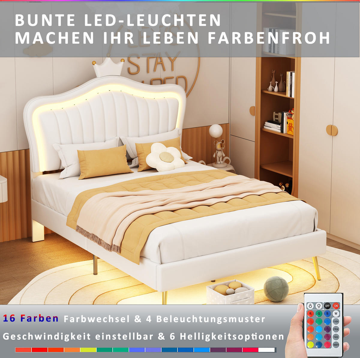 KINDERPOLSTERBETT 90/200 cm oder 140/200 cm Weiß aus Kunstleder mit LED und verstellbarem Kopfteil - Weiß, Textil (90/200cm) - OKMYHOME