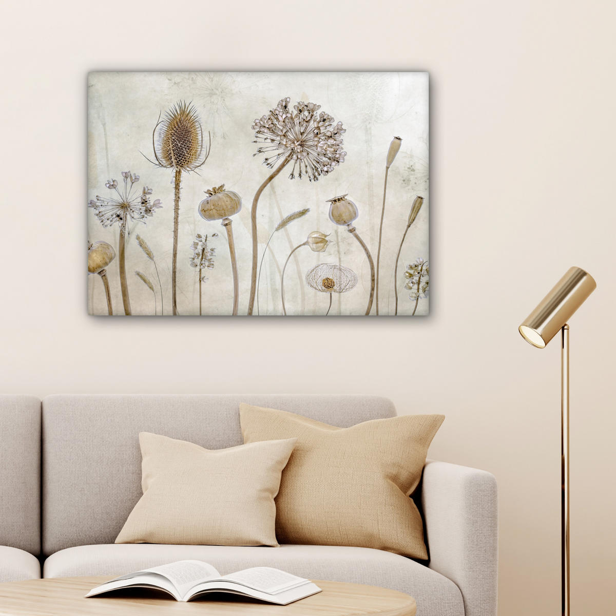 LEINWANDBILD Blumen - Aquarell - Stilleben - Braun - Vintage Wandbilder 80x60 cm - Beige, Textil (80/60cm) - MuchoWow