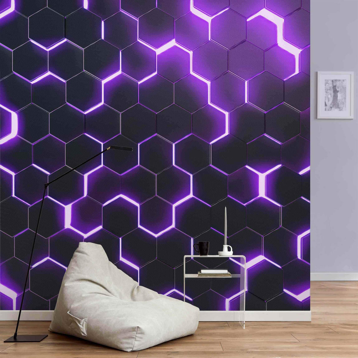 FOTOTAPETE Strukturierte Hexagone mit Neonlicht in Lila 288/288 cm - Schwarz, Papier (288/288cm) - Bilderwelten