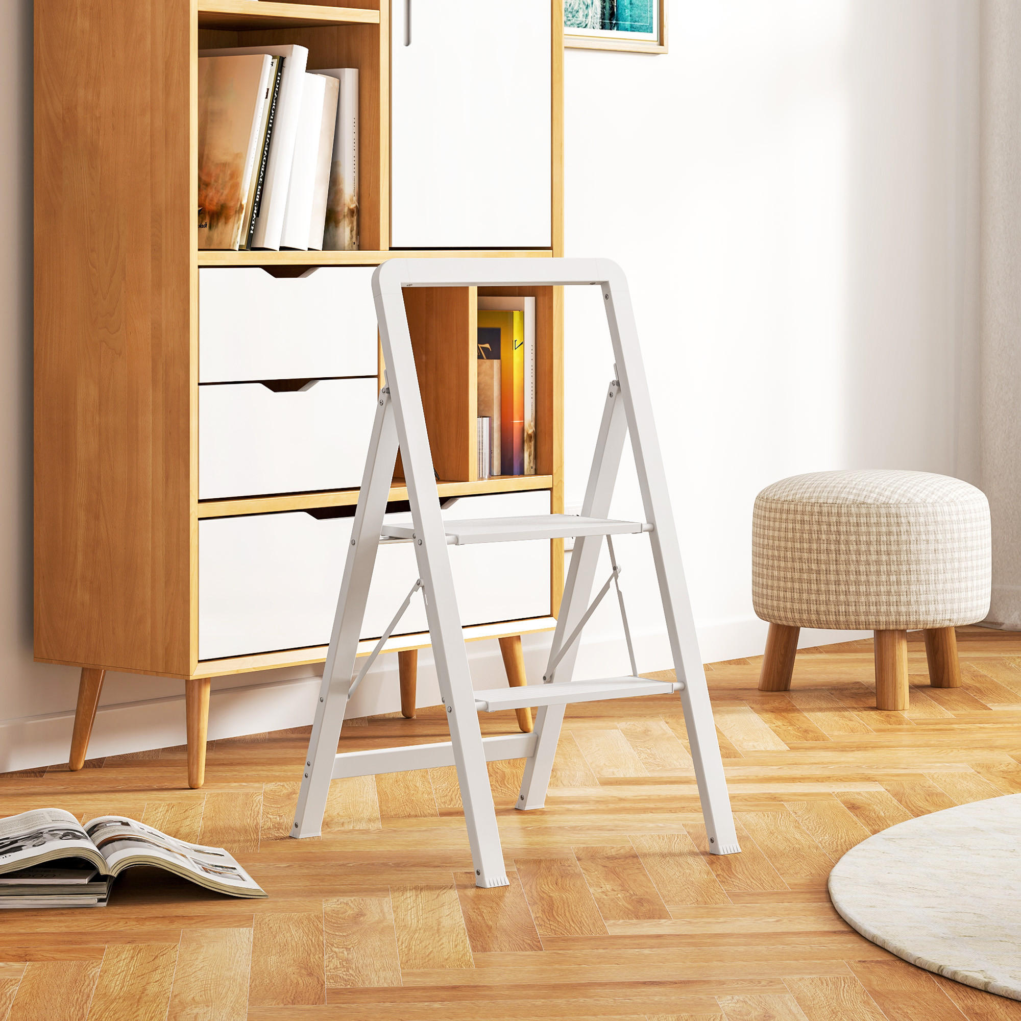 TRITTLEITER Stehleiter mit 2 Stufen Leichtbau Aluminum-Leiter 41,5 x 49,7 x 82,6 cm Weiß - Weiß, Metall (41.5/49.7/82.6cm) - HOMCOM