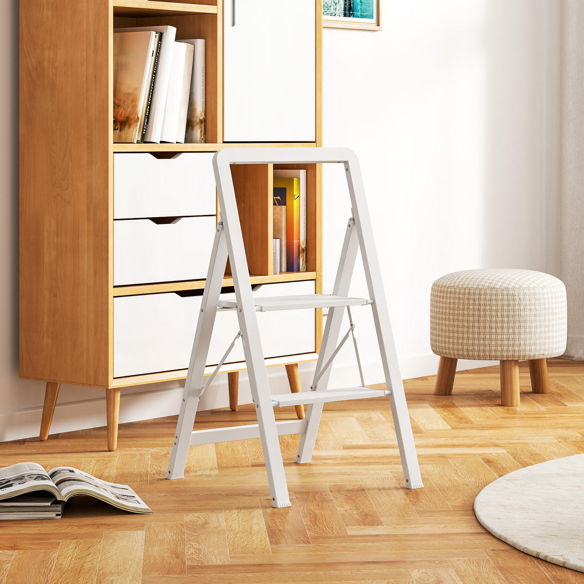 TRITTLEITER Stehleiter mit 2 Stufen Leichtbau Aluminum-Leiter 41,5 x 49,7 x 82,6 cm Weiß - Weiß, Metall (41.5/49.7/82.6cm) - HOMCOM