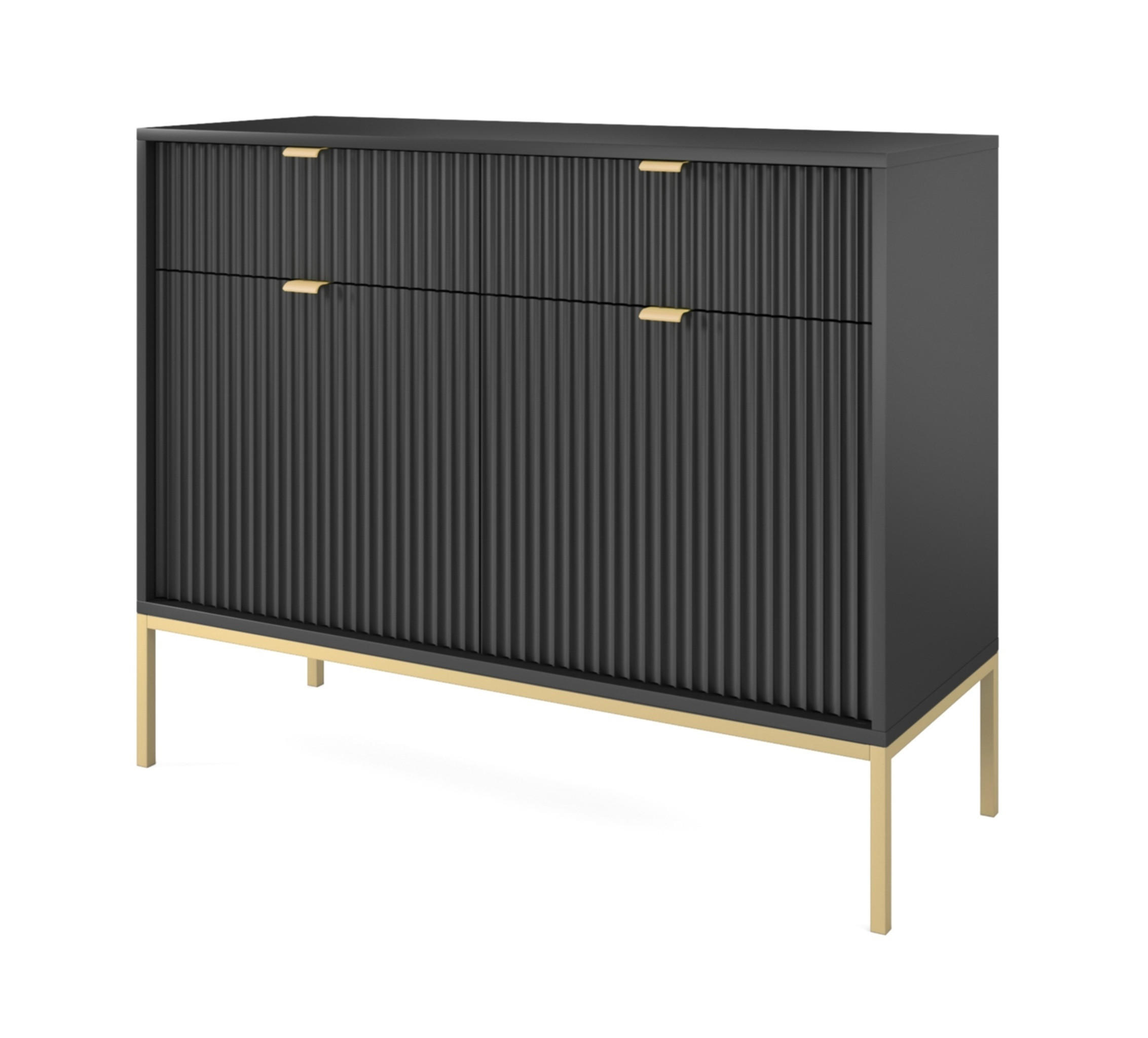 SIDEBOARD Eternas 2T 2S Schwarz 104/83/39 cm – goldene Füße, mit geriffelten Fronten - Goldfarben/Schwarz, Holzwerkstoff (104/83/39cm) - AX Living