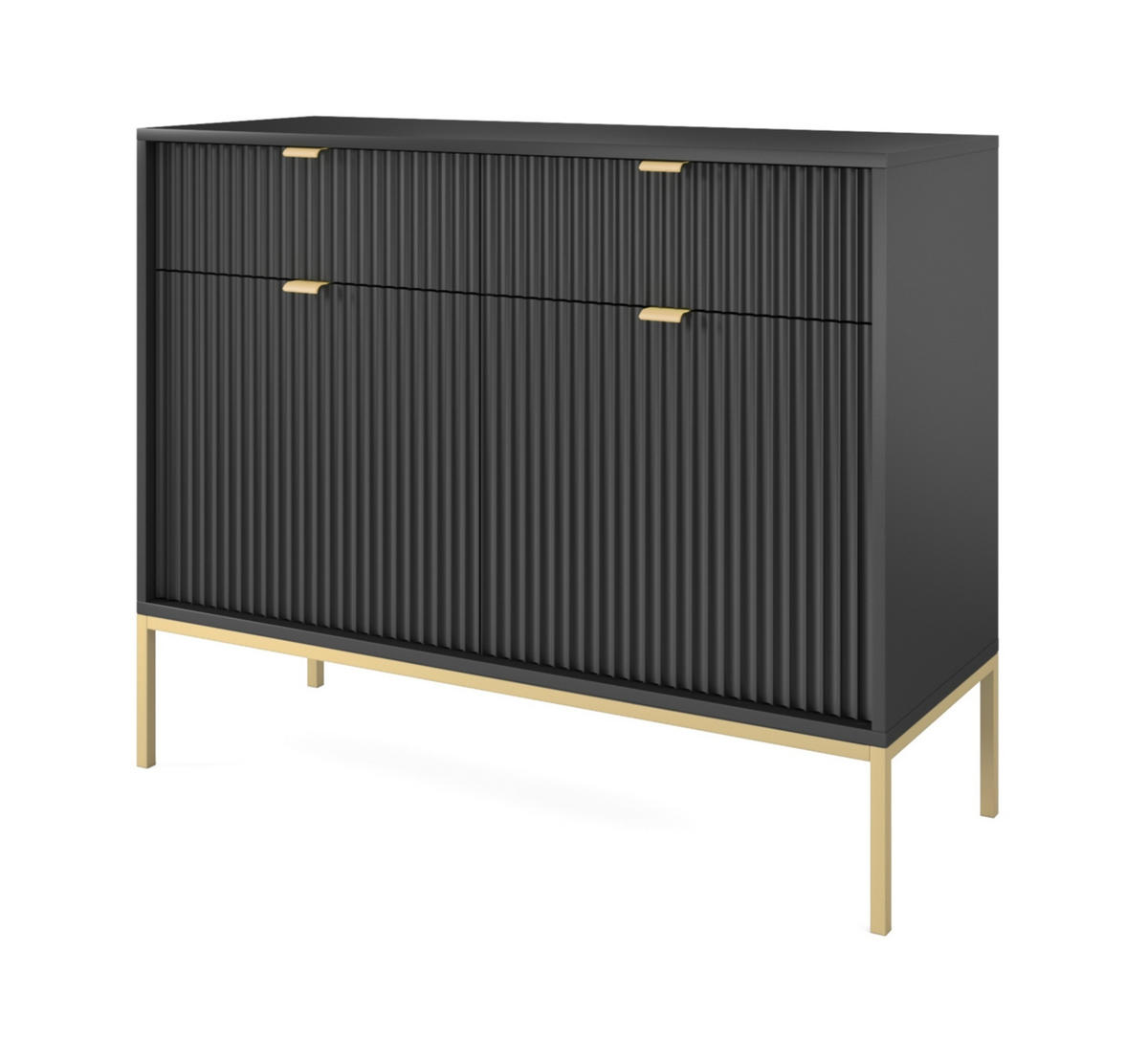 SIDEBOARD Eternas 2T 2S Schwarz 104/83/39 cm – goldene Füße, mit geriffelten Fronten - Goldfarben/Schwarz, Holzwerkstoff (104/83/39cm) - AX Living