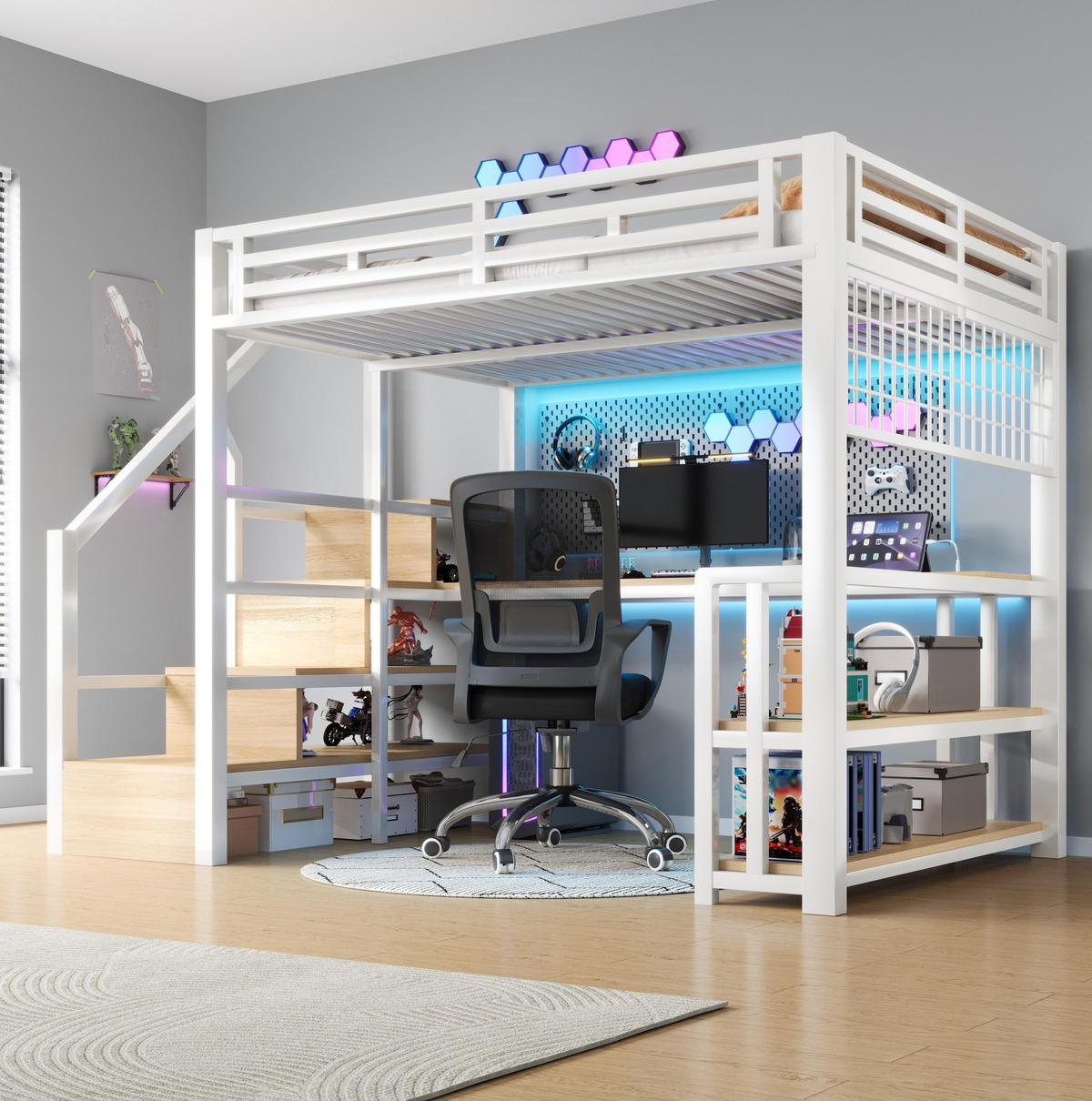 HOCHBETT 140/200 cm Weiß aus Metall mit Schreibtisch und Stauraum - Weiß, Metall (140/200cm) - OKMYHOME