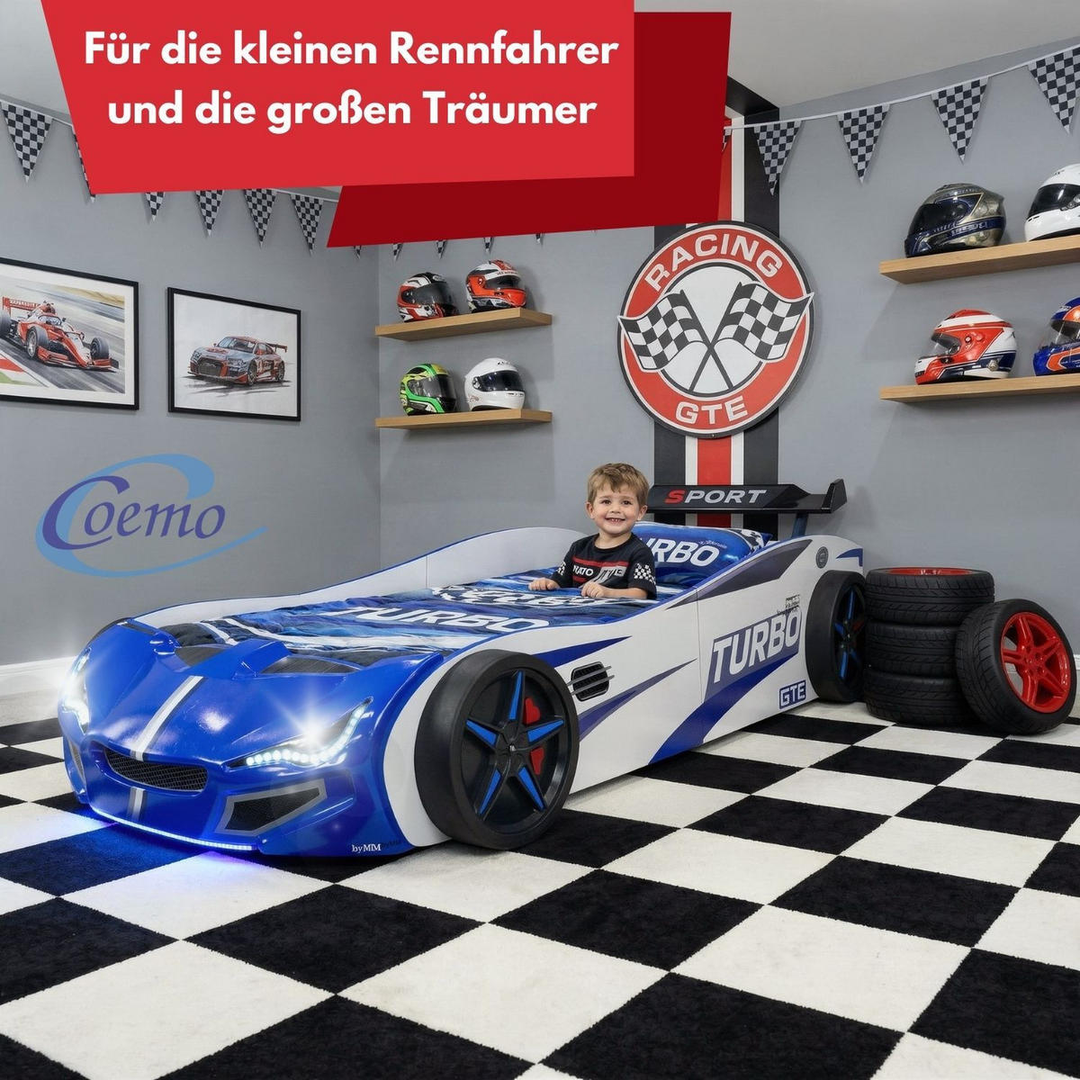 AUTOBETT GTE mit Rollrost, Licht und Sound Farbe Blau - Blau, Holzwerkstoff (90/200cm) - Coemo