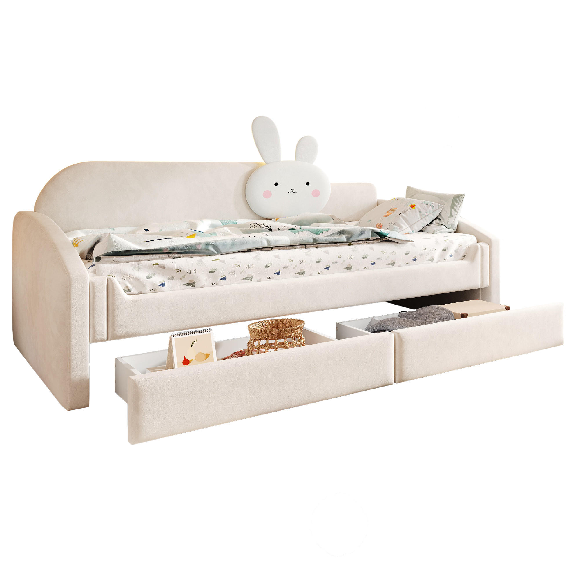 POLSTERBETT 90/200 cm in Beige mit Bettkasten, LED und Schubladen aus Samtstoff im kindgerechten Design - Beige, Holzwerkstoff/Textil - STILVORA