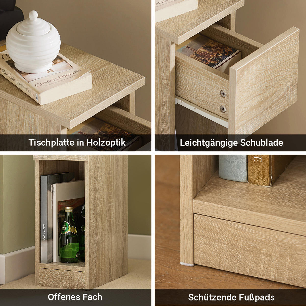 NACHTTISCH 2er Set Schmal mit Schublade, Natur, 20x35x60 cm, mit Schublade & offenes Fach, Schlafzimmer/Wohnzimmer - Naturfarben, Holzwerkstoff (20/60/35cm) - SoBuy