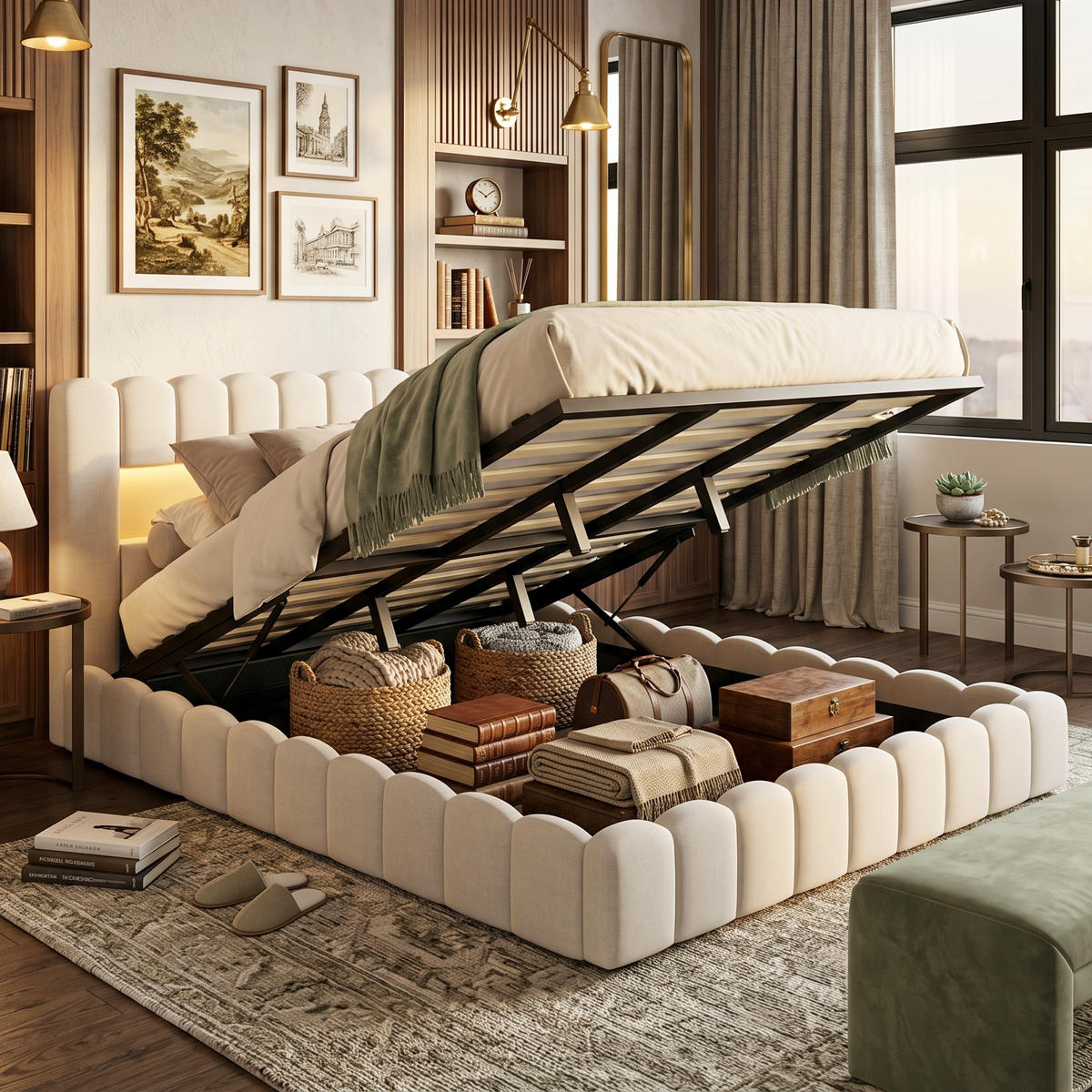 POLSTERBETT Modern 160/200 cm mit Bettkasten LED & USB Leinenoptik Beige - Beige, Textil (160/200cm) - Creahappy