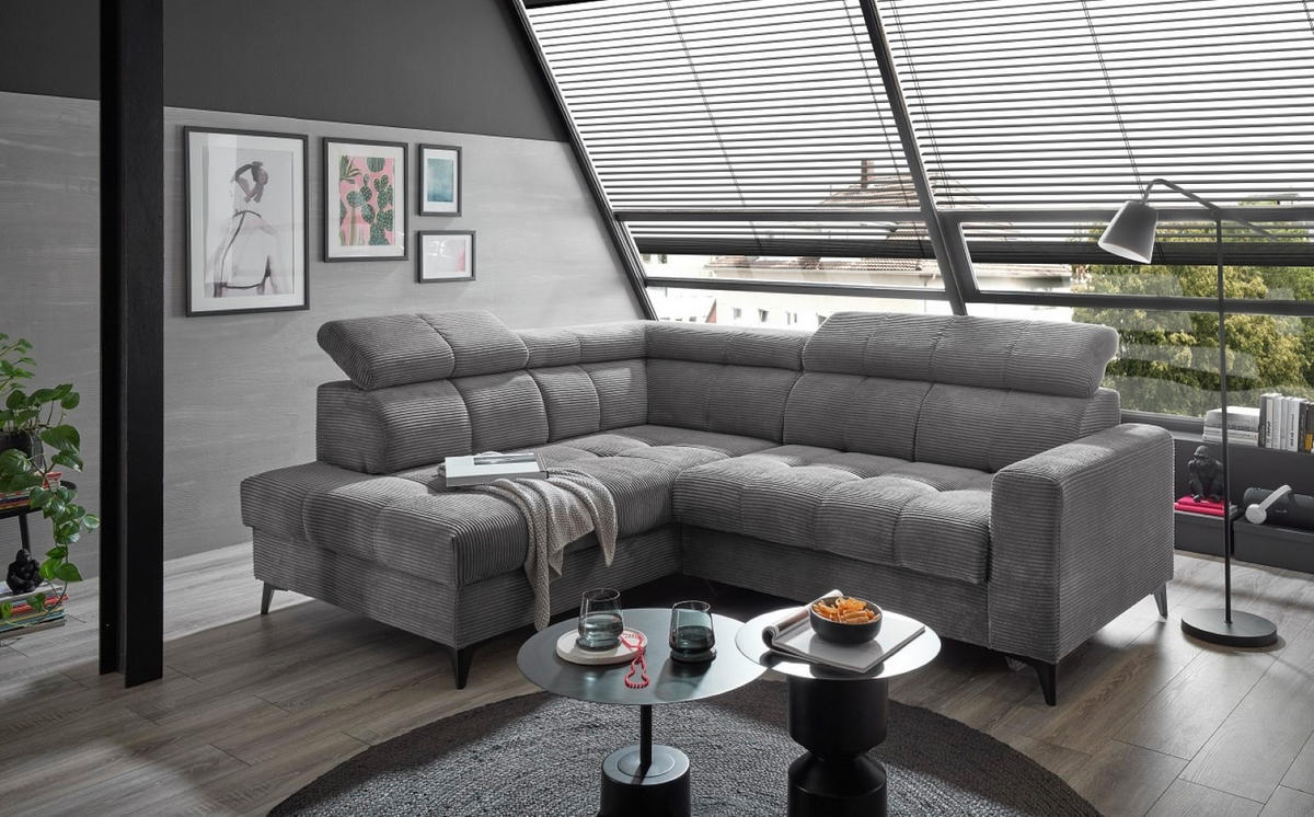ECKSOFA mit elektronische Sitztiefenverstellung, USB-Anschluss und stilvollem Breitcord-Bezug - Hellgrau/Zwetschgefarben, Textil (243/200cm) - ed exciting design