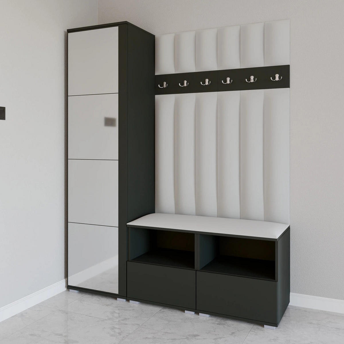 GEPOLSTERT Garderoben-Set Nela II LUX (Spiegel – Farbe Graphit + Stoff Trinity 32) - Silberfarben/Hellgrau, Holz/Holzwerkstoff (150/187/40cm) - Ravio