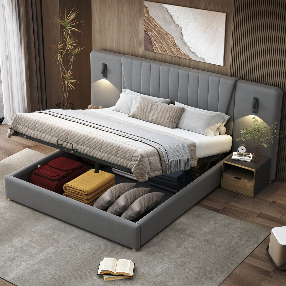 POLSTERBETT 180/200 cm in Grau Samt mit Bettkasten, Leselampen und USB - Grau, Holzwerkstoff/Textil (180/200cm) - WISHDOR