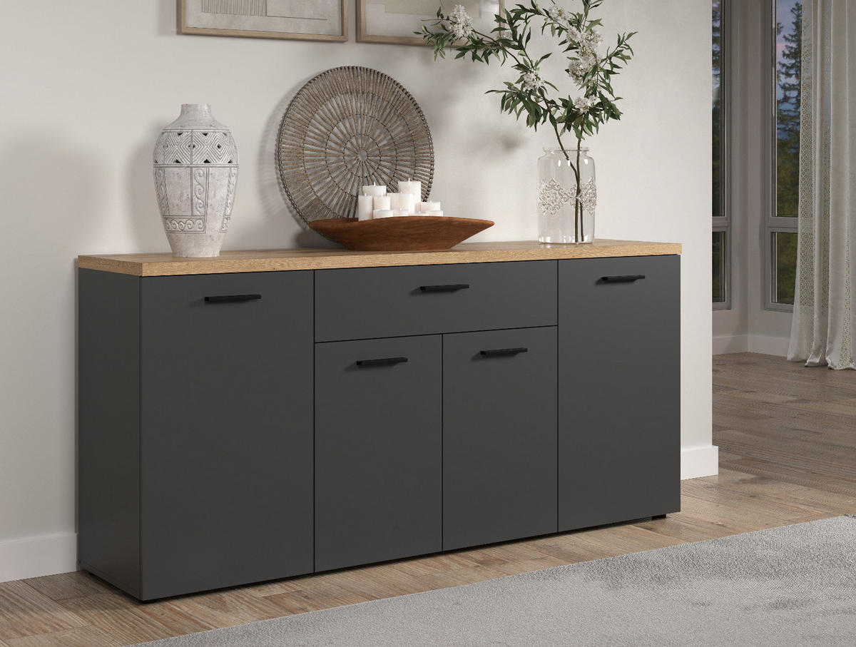 SIDEBOARD grau, Evoke Eiche 180 cm 4-türig, TV Unterteil in modernem Design - Eichefarben/Anthrazit, Holzwerkstoff/Kunststoff (180/85/42cm) - Top.Furn