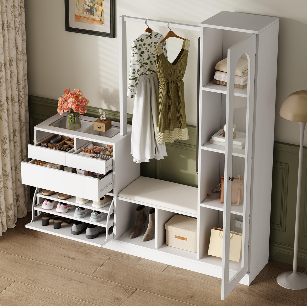 DIELENGARDEROBE 163/50/161 cm in Weiß mit Spiegel, Schuhschrank und Sitzbank - Weiß, Holzwerkstoff (163/161/35cm) - BEAOK