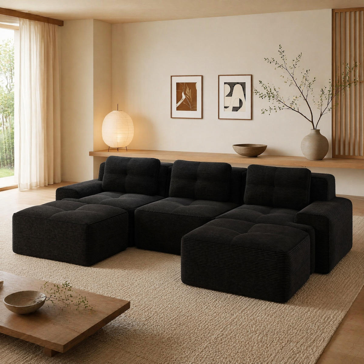 MODULARES Sofa aus Cord Schwarz 293x177x69 cm mit Ottoman und 74 cm Sitztiefe - Schwarz, Textil (177/293cm) - IVMEU