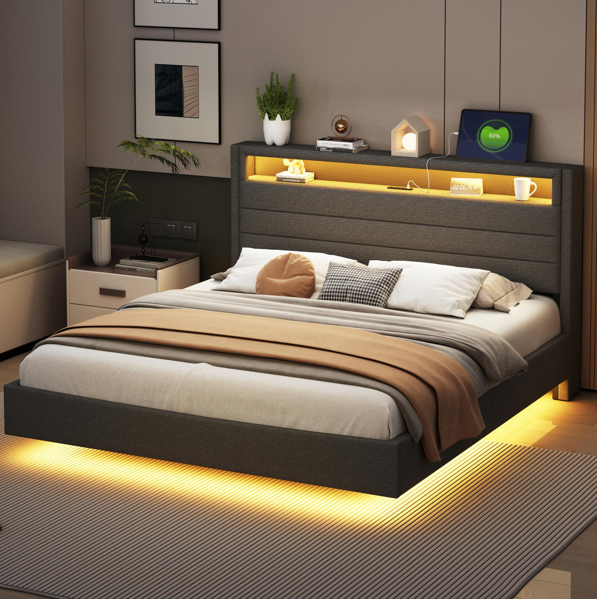 POLSTERBETT 160/200 cm grau aus Stoff mit LED-Beleuchtung und USB-Steckdose - Grau, Textil (160/200cm) - OKMYHOME
