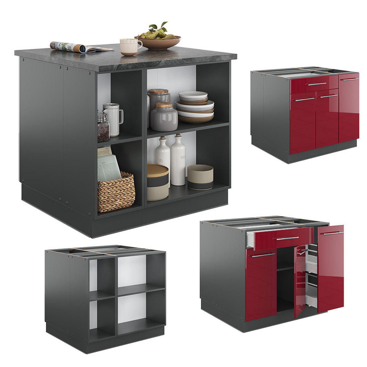 KÜCHENINSEL Fame-Line Bordeaux Hochglanz/Anthrazit 90 cm mit Schublade ohne AP - Bordeaux/Anthrazit, Holzwerkstoff (90/82/60cm) - Vicco