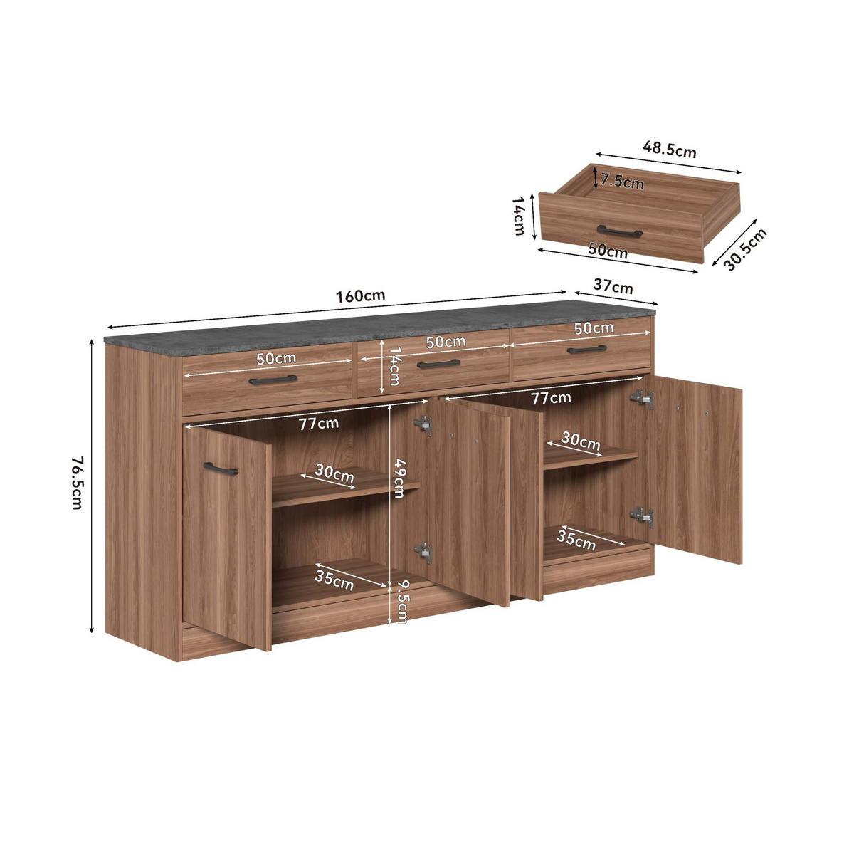 SIDEBOARD 160 x 37 x 76,5 cm in Walnuss-Optik mit 3 Schubladen und Stauraum - Walnussfarben, Holzwerkstoff (160/76.5/37cm) - BEAOK