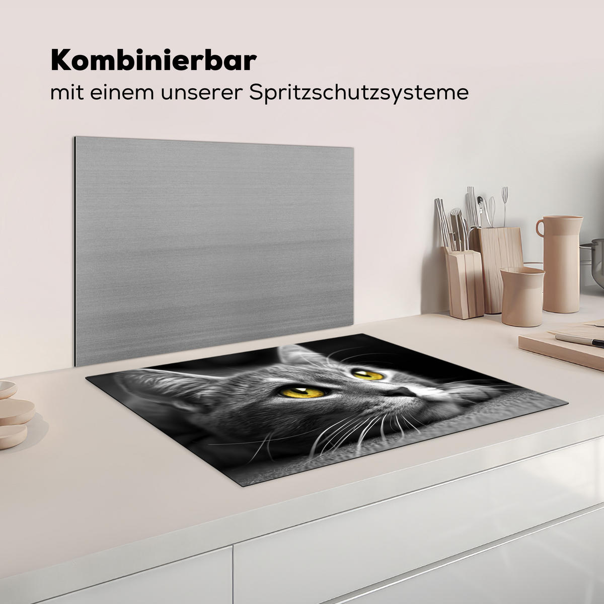 HERDABDECKPLATTE Katze - Grau - Tiere - Katze Induktionsmatte 71x52 cm - Grau, Kunststoff (71/52/0.2cm) - MuchoWow