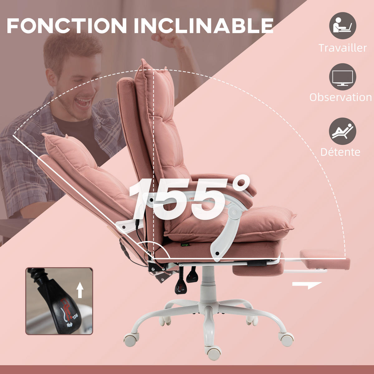 CHEFSESSEL DE-11736 MIT MASSAGE- & HEIZFUNKTION Rosa - Pink, Metall (66/121.5/74cm) - ComfortXL