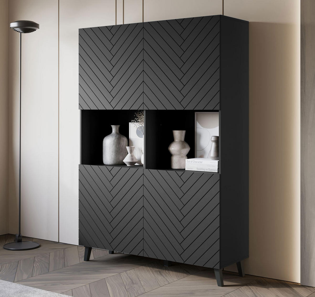 HIGHBOARD Phuket Graphit Schwarz, Fischgrätenmuster 120 / 39 / 168 cm - Graphitfarben/Schwarz, Holz/Holzwerkstoff (120/168/39cm) - Feldmann-Wohnen