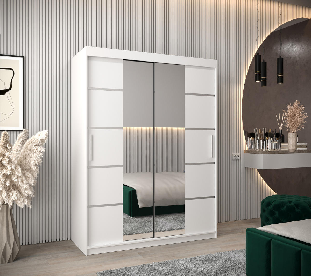 SCHWEBETÜRENSCHRANK 200/150/62 2-türig - Silberfarben/Weiß, Holz/Kunststoff (150/200/62cm) - MÖBEL KRYSPOL