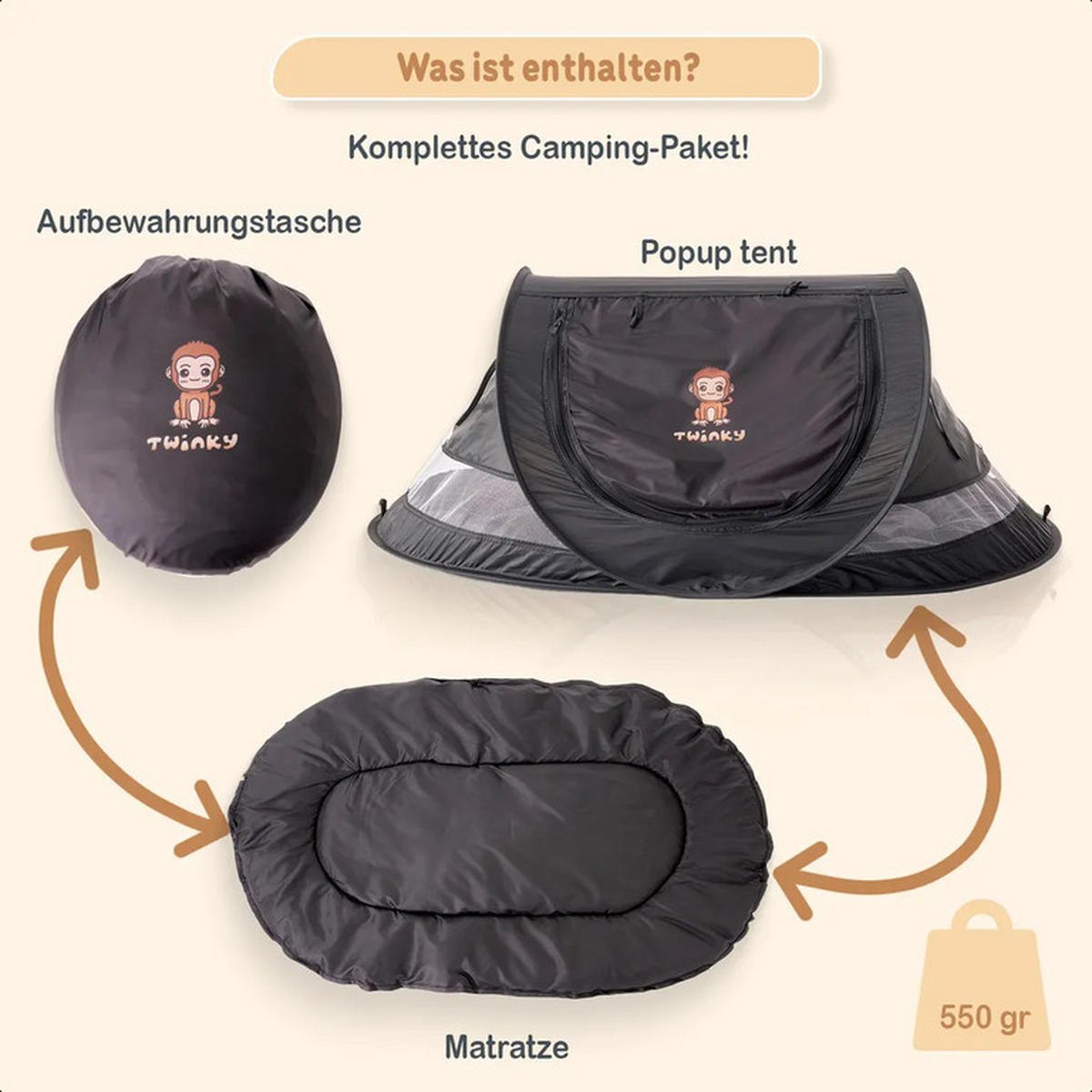 REISEBETT Baby mit Matratze bis 3 Jahre mit Moskitonetz Schwarz - Schwarz, Kunststoff (107/40cm) - Twinky