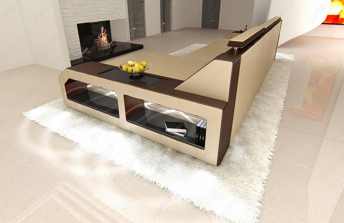 COUCH Arezzo L Sandbeige Dunkelbraun Büffelleder - Sandfarben, Leder (308/194cm)