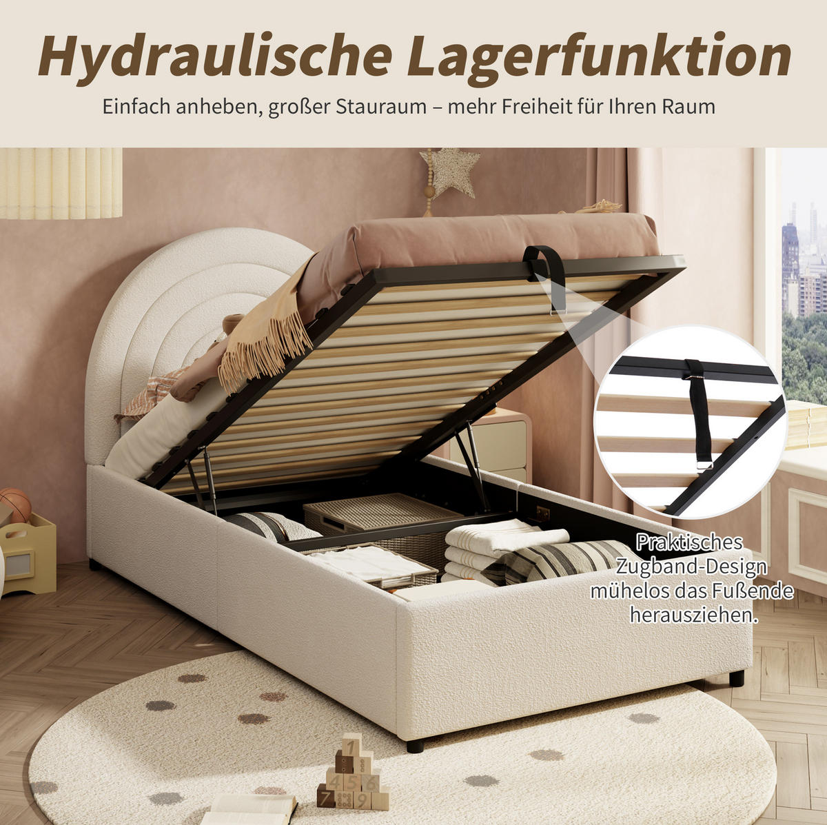 POLSTERBETT 90/200 cm mit hydraulischem Stauraum, eingebettetem Matratzenbereich und Bouclé-Bezug, Beige - Beige, Textil (90/200cm) - Redom
