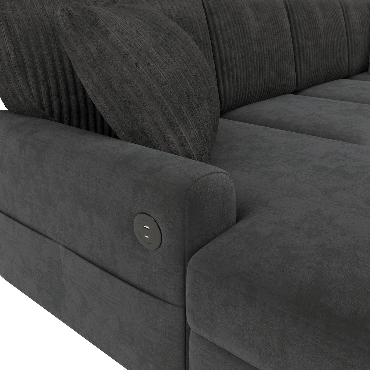 WOHNLANDSCHAFT mit Chaise longue, 3 Kissen, USB/Type-C in Grau - Schwarz, Textil (249/83/196cm) - EVRYAE