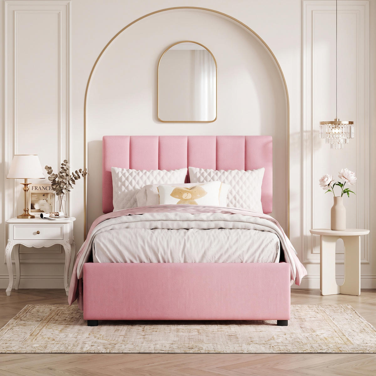 POLSTERBETT 90×200 cm mit bettkasten, hydraulisches stauraumbett, kinderbett mit hohes leinen-kastenbett, rosa - Pink, Holz/Metall (90/200cm) - GENKI LIVING