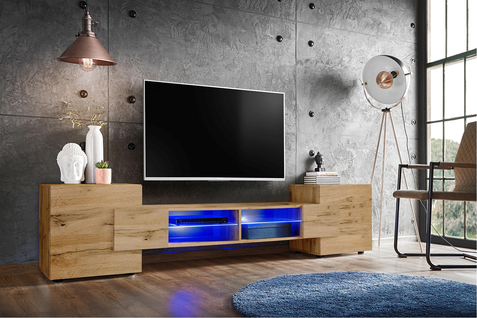 LOWBOARD MERANO Eiche Wotan, Blau LED Beleuchtung - Eiche Wotan, Glas/Holzwerkstoff (230/52.5/35cm) - Komodee