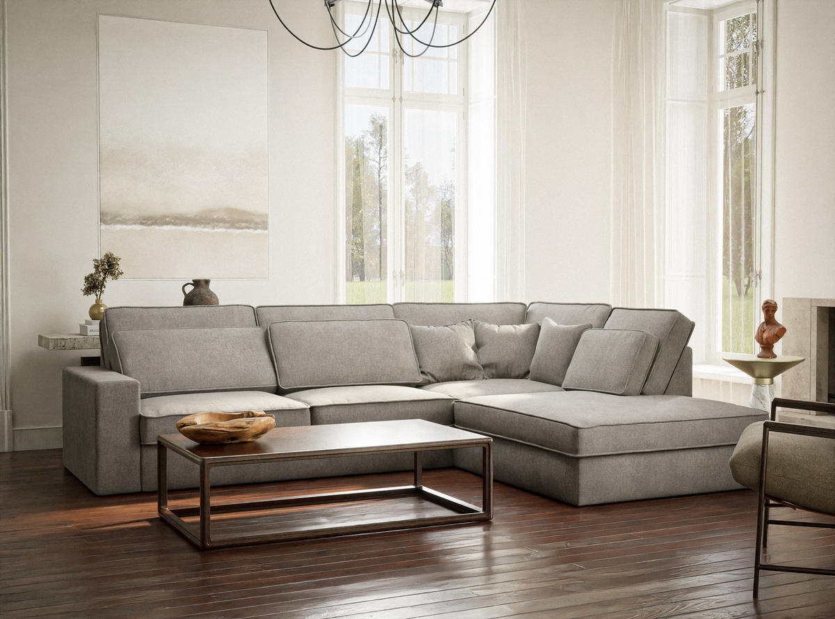 ECKSOFA Kirou Beige grau Chenille-Stoff - Rechts Seite - Greige/Schwarz, Holz/Holzwerkstoff (311/225cm) - Maison de Reve