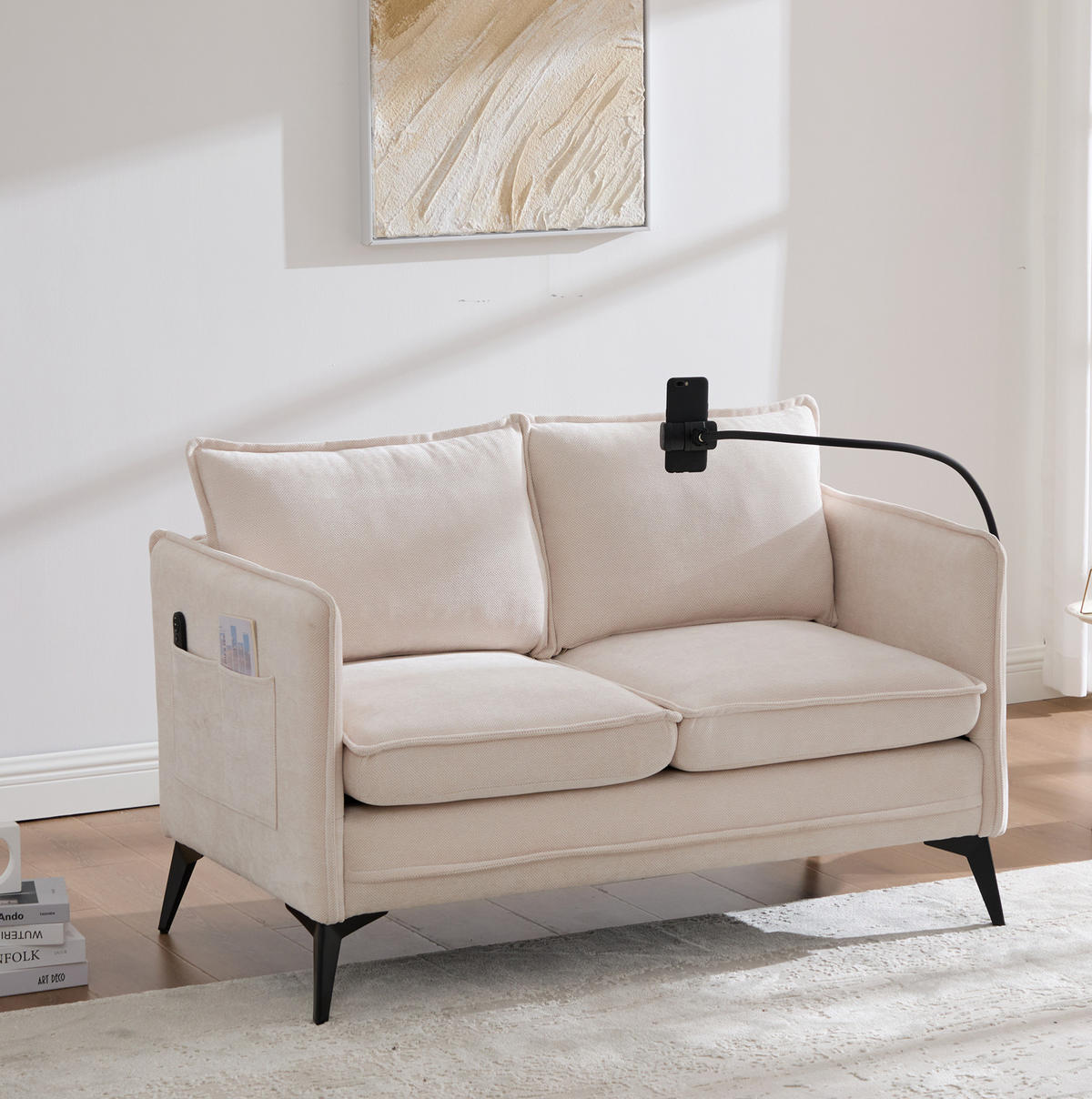SOFA 2-Sitzer modernes Design mit Handy-Halterung Beige Chenille 127/69/66 cm - Beige, Textil (127/66/69cm) - OKWISH