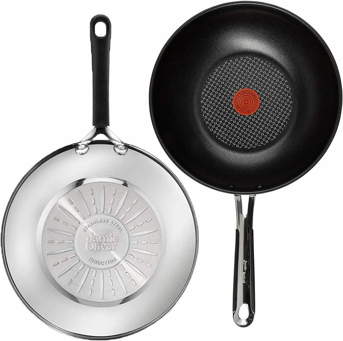 WOKPFANNE – Jamie Oliver J90924 28 cm, Edelstahl, Antihaft, Induktion, Antihaft - Silberfarben, Keramik/Metall (28cm) - Tefal