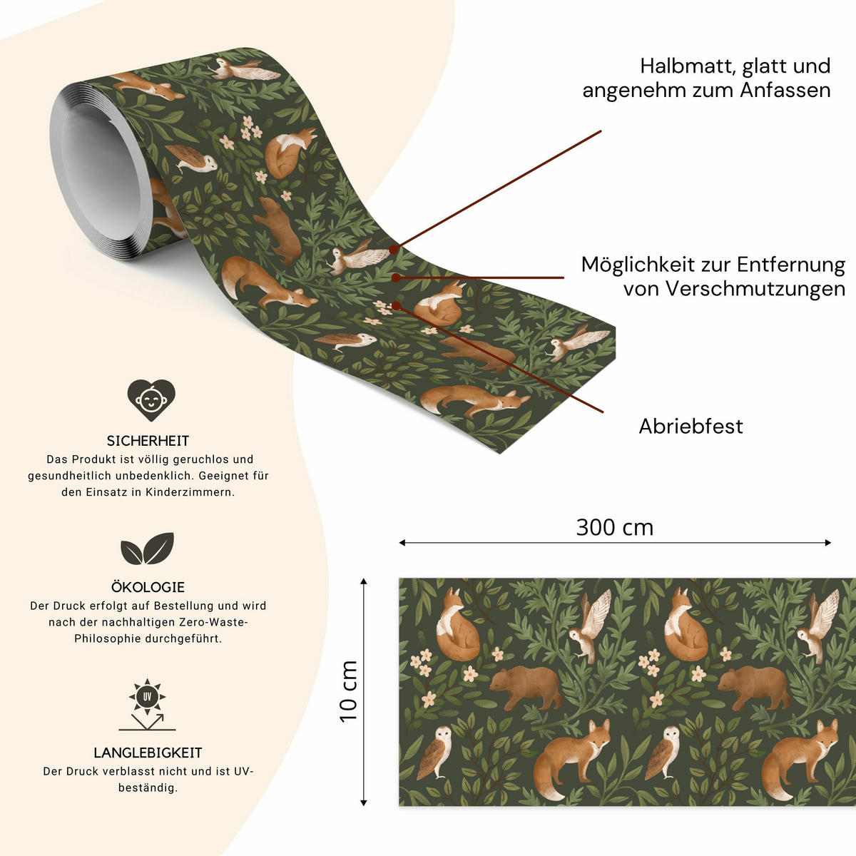 TAPETENBORDÜRE selbstklebend für Kinder WALDTIERE Blätter Blumen Natur - Beige/Braun, Papier (10/300/300cm) - Muralo