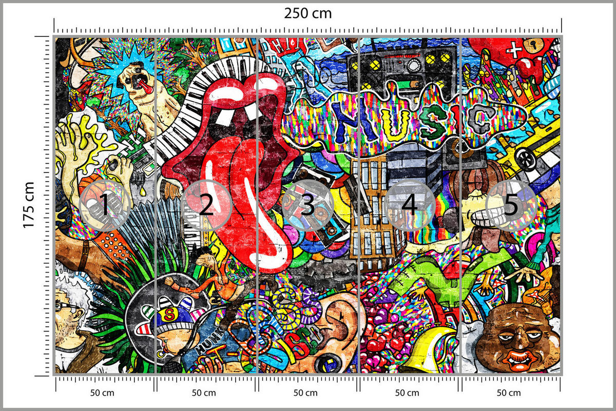 FOTOTAPETE für Jugendzimmer GRAFFITI Musik Abstrakt Farben 250x175 - Blau/Gelb, Papier (250/175cm) - Muralo