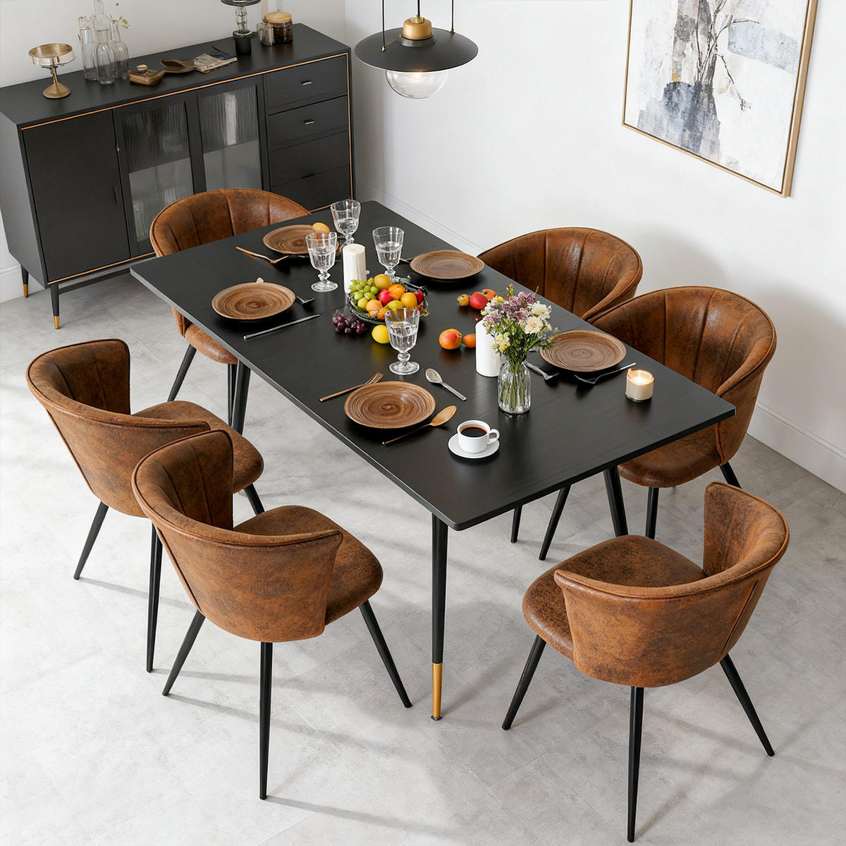 AUSZIEHBARER Esstisch Schwarz mit goldenen Beinen + 6 Schalensessel in Wildlederoptik - Multicolor/Schwarz, Metall (46/74.5/43cm) - Meubles Cosy