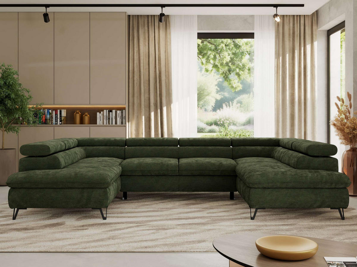 WOHNLANDSCHAFT PABLO U Schenille glatt Dunkelgrün mit Topper T25 - Dunkelgrün/Schwarz, Textil/Metall (346/76/208cm) - MKS